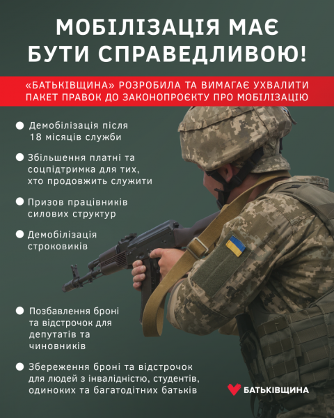 «Батьківщина» опублікувала правки до закону про мобілізацію